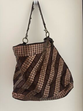 Brown Bead/Stud Diagonal-Strip Hobo Bag - or Duffle Bag Purse